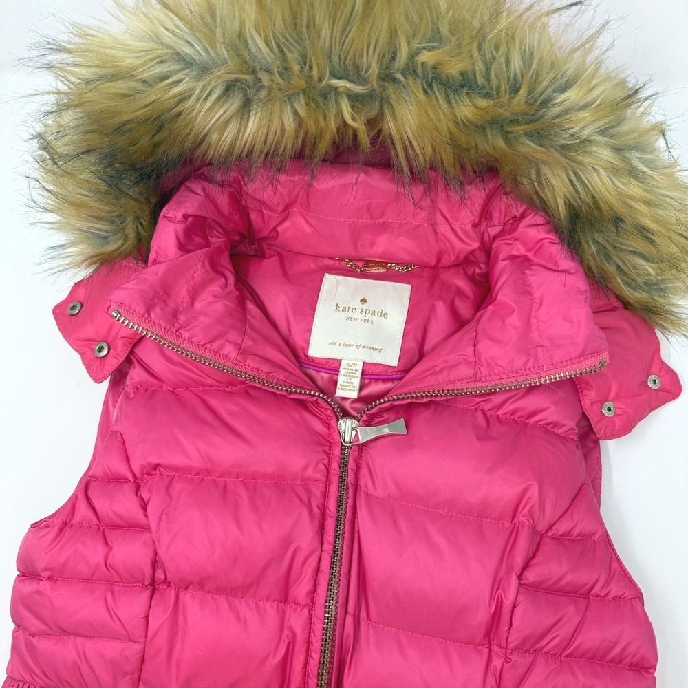 Kate Spade New York Down Puffer Vest Removable Faux Fur Hood Bow Womens Small
